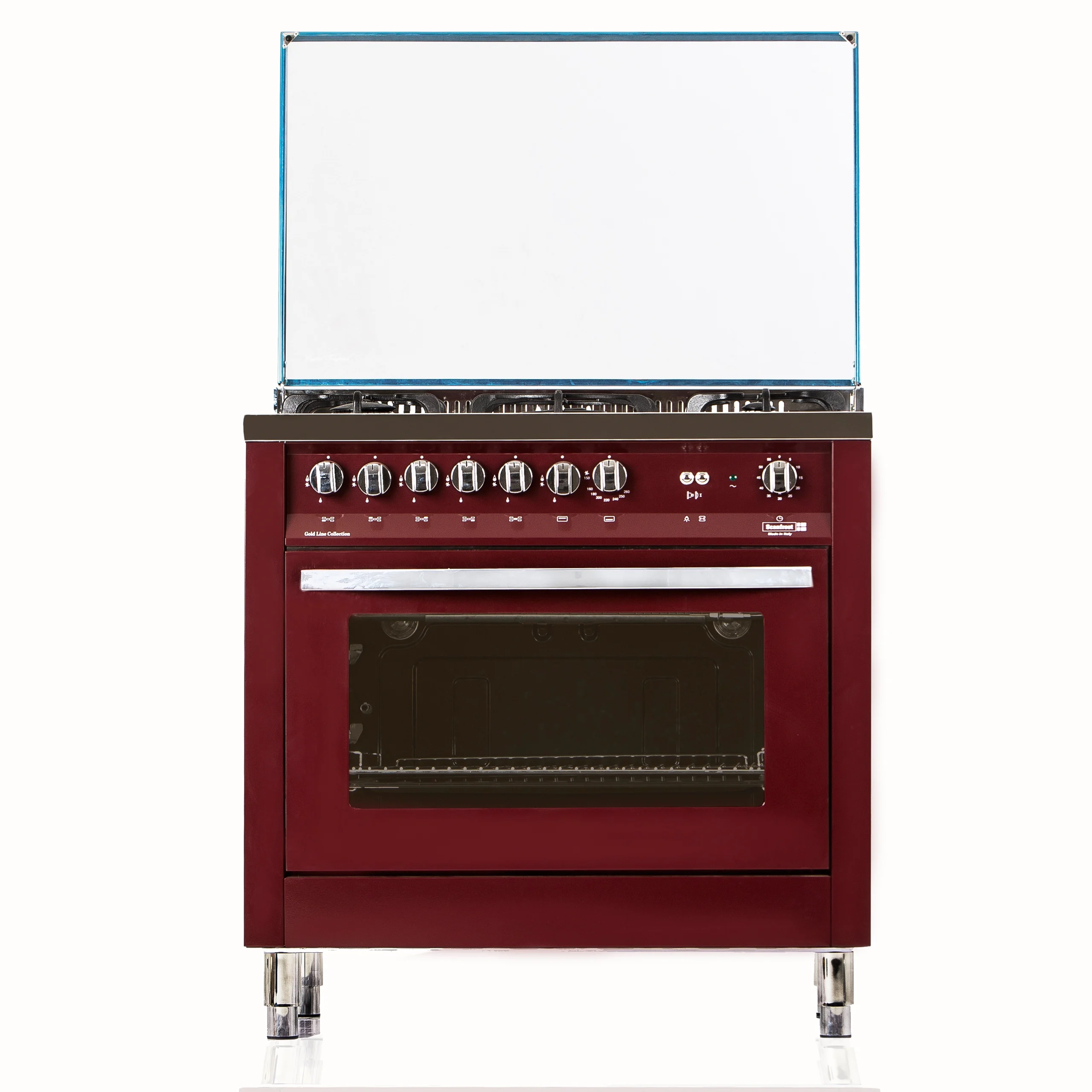 Scanfrost 90 x 60 CM Gas cooker | 5 Gas Burner + Central wok burner | Gas Oven with Grill, Burgundy Red | PRG96G2G