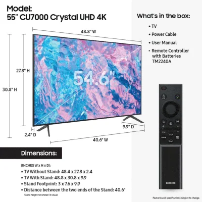 SAMSUNG 55" UHD CU7000 Series PurColor 4K HDR, Gaming Hub, Smart TV with Alexa Built-in, 2023 Model - Image 2