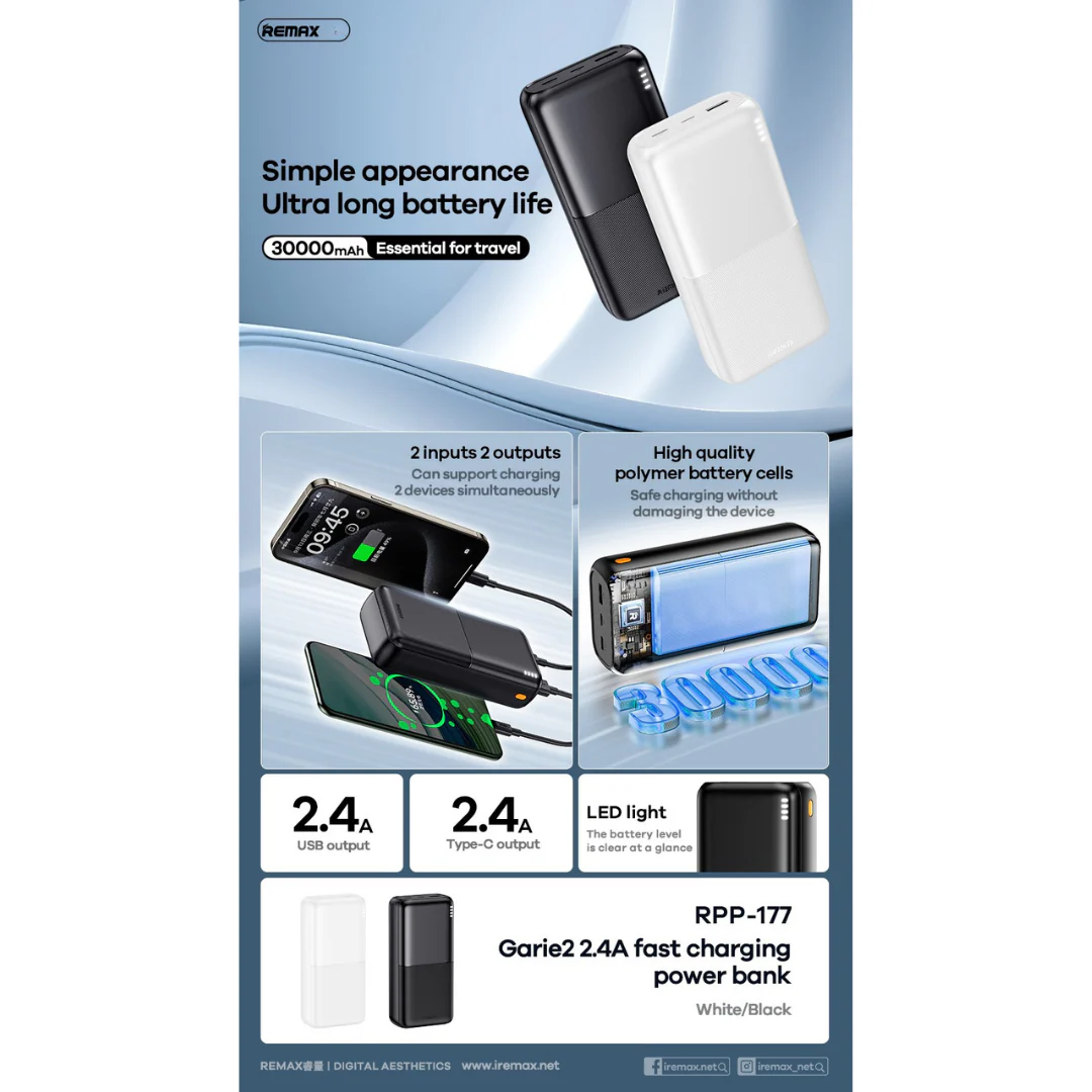 REMAX - RPP-177 Lango II Series 30000mah 2.4A Power Bank - Black - Image 3