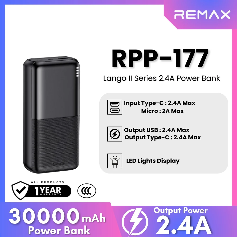 REMAX - RPP-177 Lango II Series 30000mah 2.4A Power Bank - Black - Image 4
